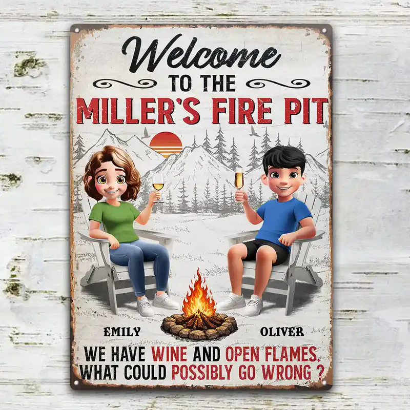 Personalized Rectangular Iron Sign Welcome To Our Fire Pit - Funny Custom Couple Outdoor Decor, Unique Gift