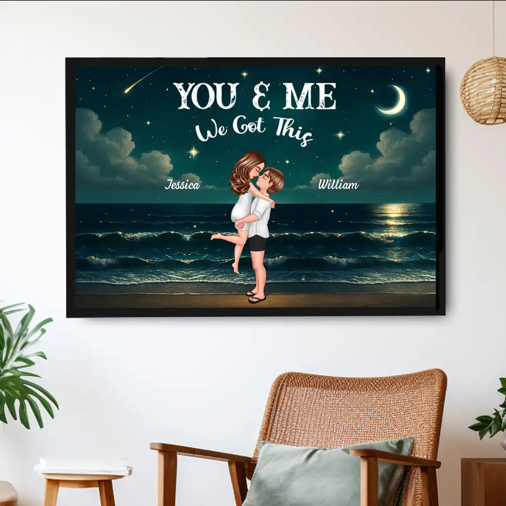Personalized Night-Sky Canvas – “You & Me” Quote, Cartoon Hug on Waves, Anniversary Gift