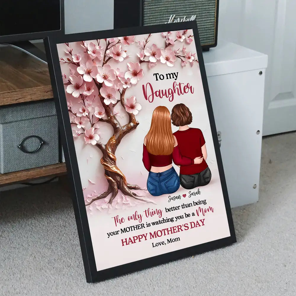Personalized Mother & Daughter Hugging Under Cherry Blossom Tree Poster – Unframed Poster or Canvas for Mother's Day Gift