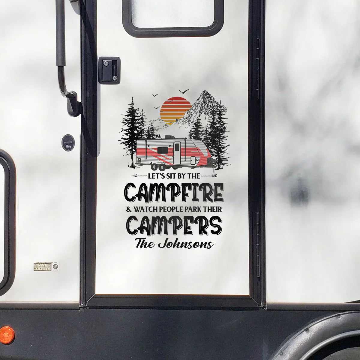 Personalized Sticker Decal RV Campfire Quote with Sunset Mountains, Unique Camping Gift for Camper Families
