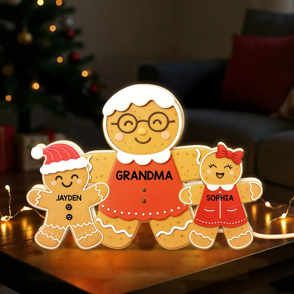 Acrylic Light Box - Gingerbread Grandma & Grandkids, Custom, Christmas Decor, Warm Glow Keepsake, Unique Gift for Grandma