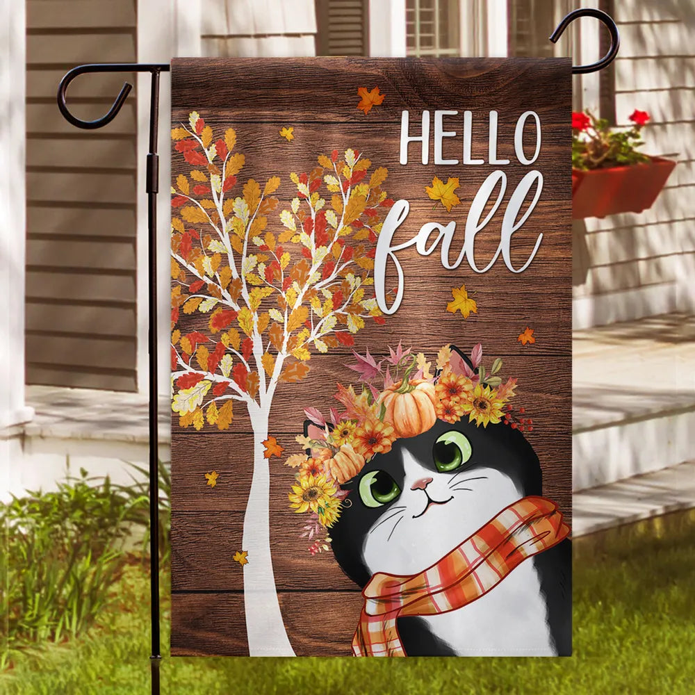 Fall Garden Flag, Cute Cats with Pumpkin Floral Crown and Cozy Autumn Vibes for Outdoor Decoration