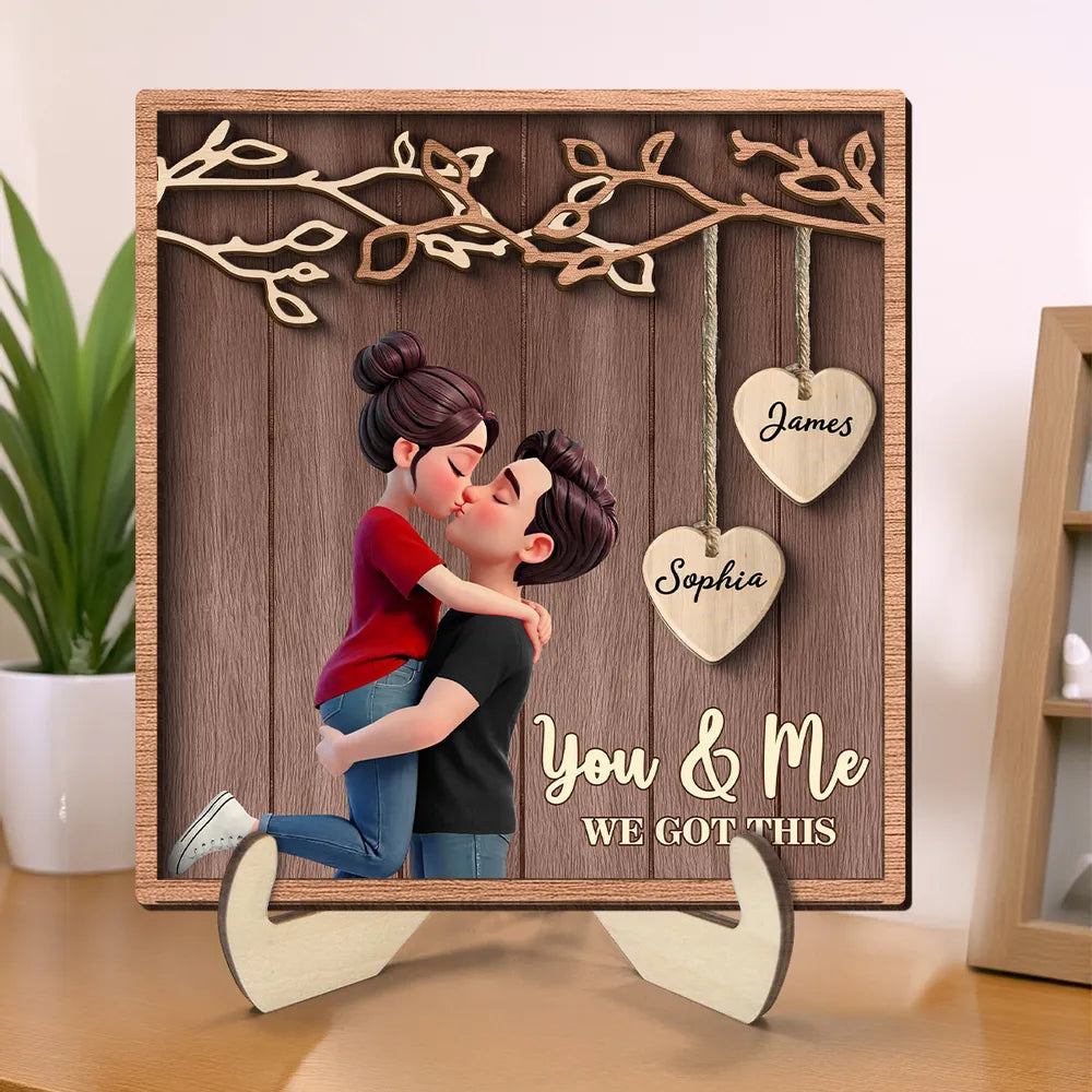 2-Layer Wooden Plaque Personalized for Couples, Romantic Hug and Kiss Under Hanging Hearts, Sweet Keepsake Gift for Him or Her