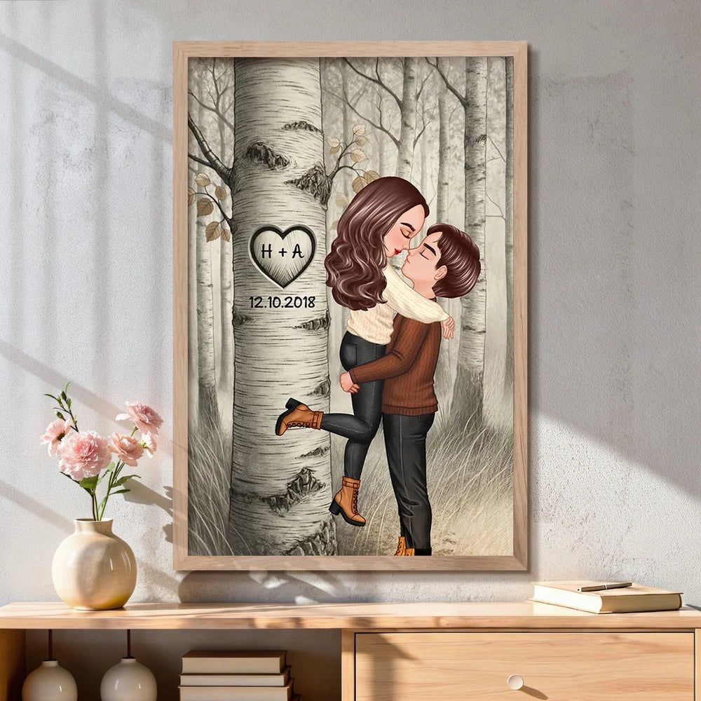 Carved in My Heart Style Personalized Poster, Cozy Forest Couple Wall Art for Home Decor, Sentimental Unique Gift for Couples