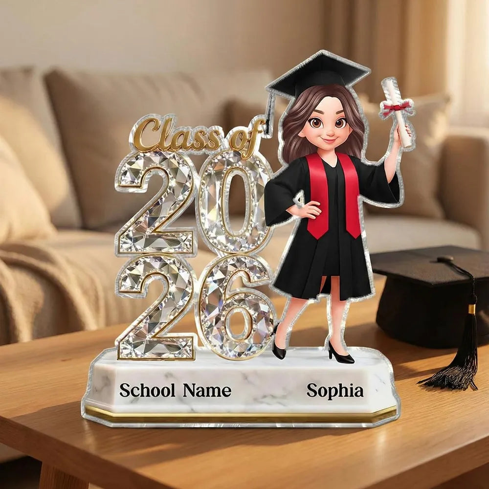 Shaped Acrylic Block Plaque Graduation Decor, Cute Cartoon Grad Holding Diploma, Personalized Keepsake Gift for Her