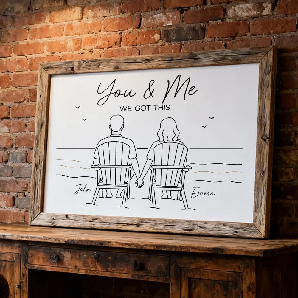 Custom Line Art Beach Poster – Holding Hands Couple Illustration, Add Names, Perfect Anniversary or Valentine’s Gift