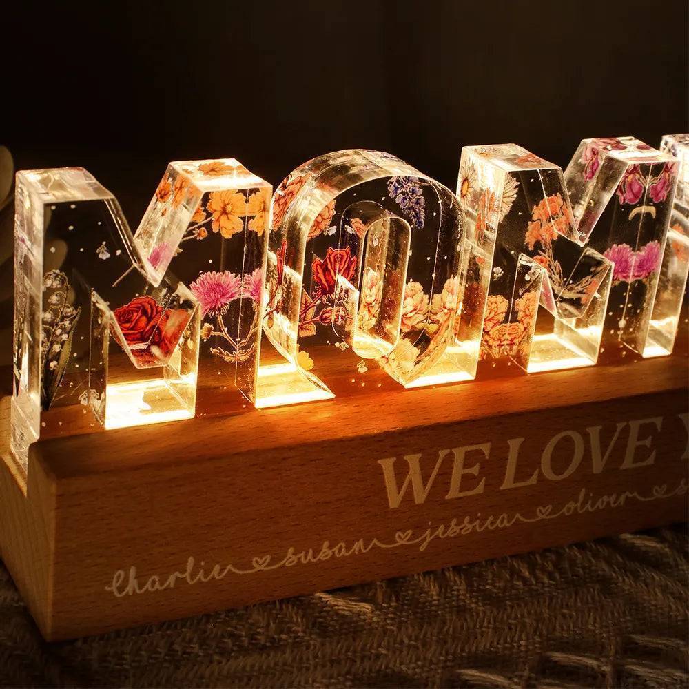 Personalized Block LED Light Plaque with Floral MOMMY Design and Warm Glow for Bedroom or Desk, Unique Gift for Mom