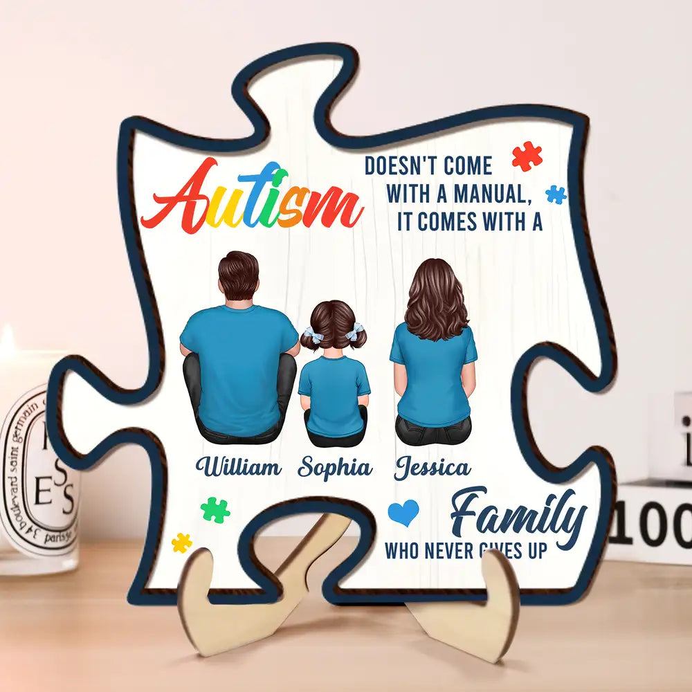 2-Layer Wooden Puzzle Plaque – Autism Family Quote “Family Who Never Gives Up” – Custom Parent & Child Back View Gift