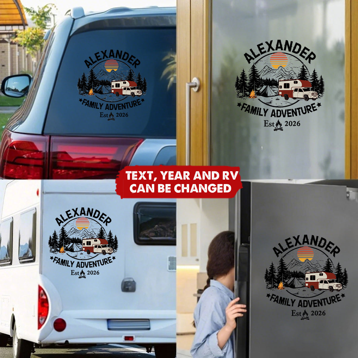 Personalized Family Adventure Sticker Decal for RV or Camper, Mountain Sunset Camping Scene, Unique Custom Gift