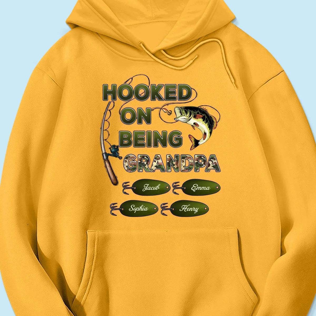 "Personalized Grandpa Fishing T-Shirt/Hoodie - Hooked on Being Grandpa - Ideal Father's Day or Birthday Gift"
