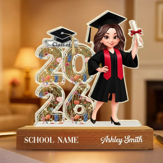 Senior Floral Block LED Light Plaque, Class Of Keepsake with Cap and Diploma Design, Creative Gift for Graduates