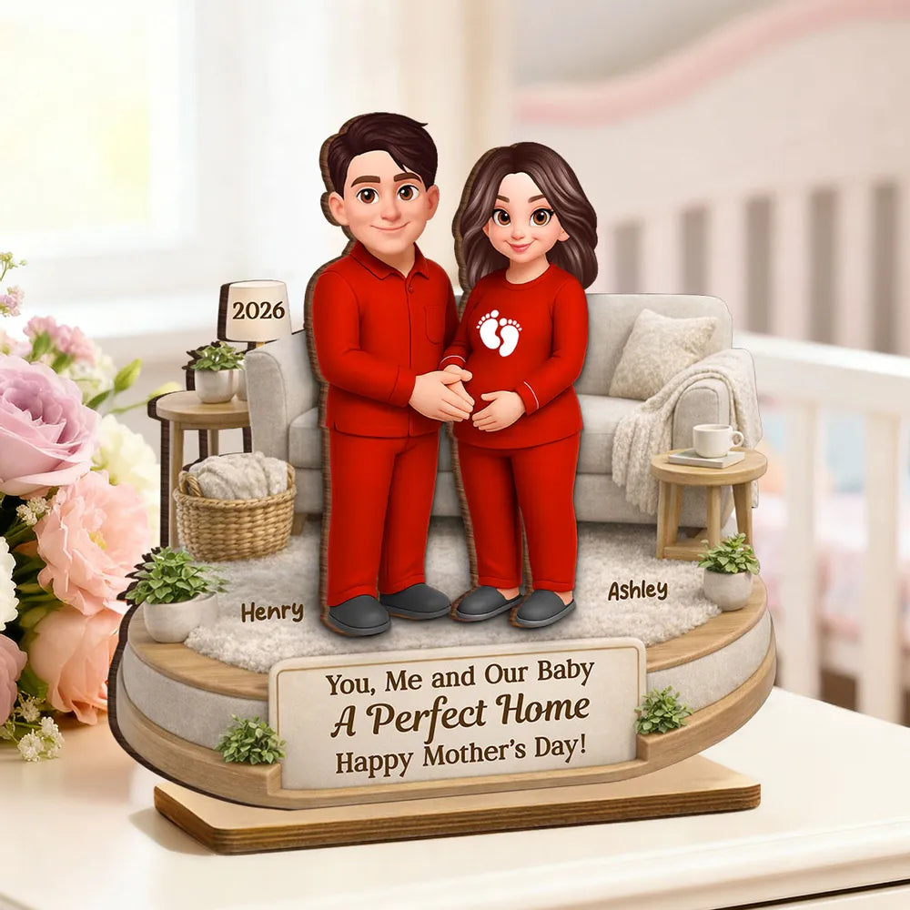 Personalized 2-Layer Wooden Plaque for Expecting Couple in Cozy Living Room Scene, Unique Mother's Day Gift