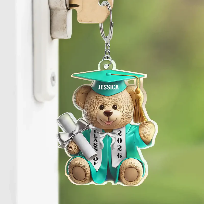 Acrylic Keychain Cute Graduation Bear with Cap and Diploma - Personalized Gift That Feels So Special