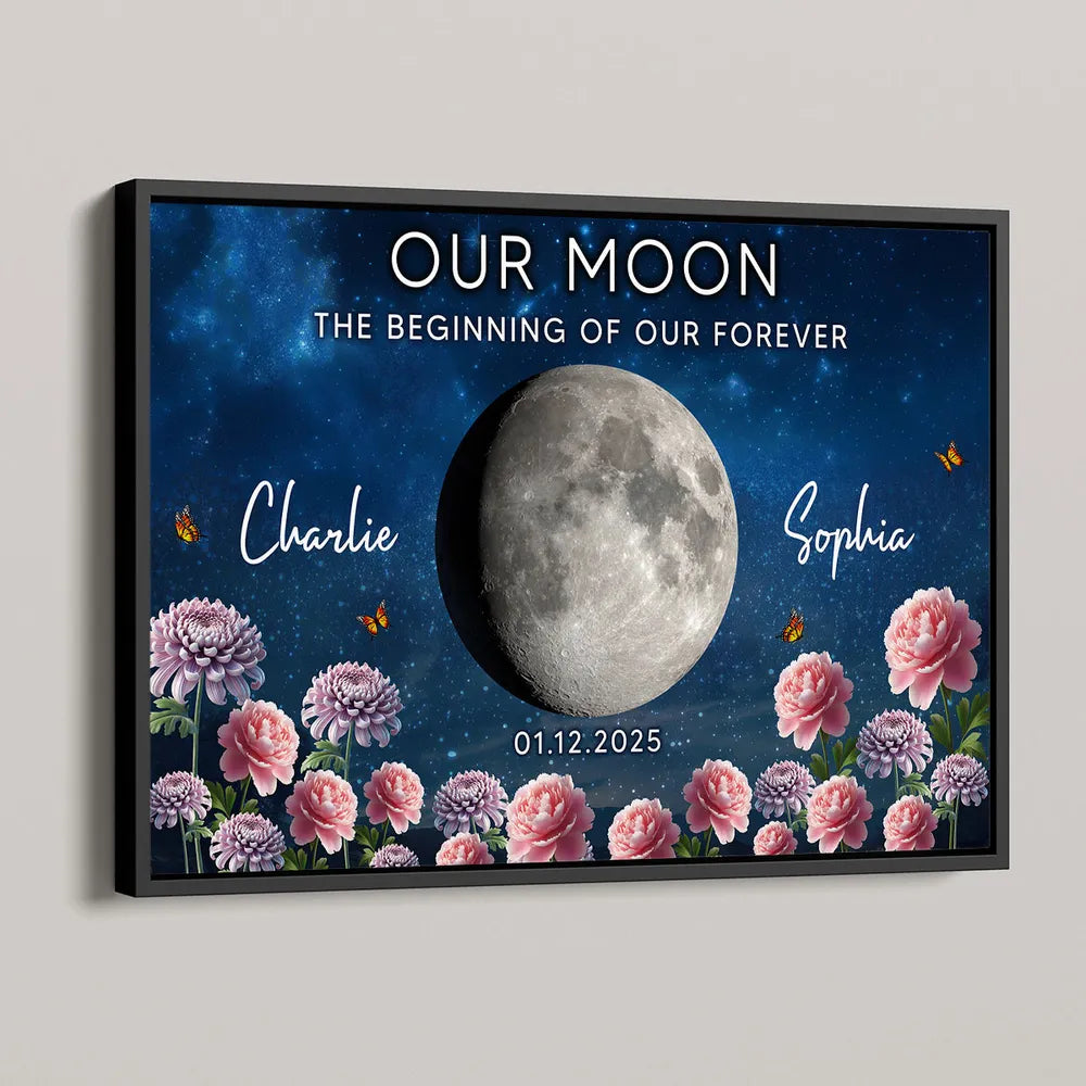 Personalized Our Moon Starry Sky Floral Poster, Custom Couple Keepsake Wall Art, Unique Romantic Gift