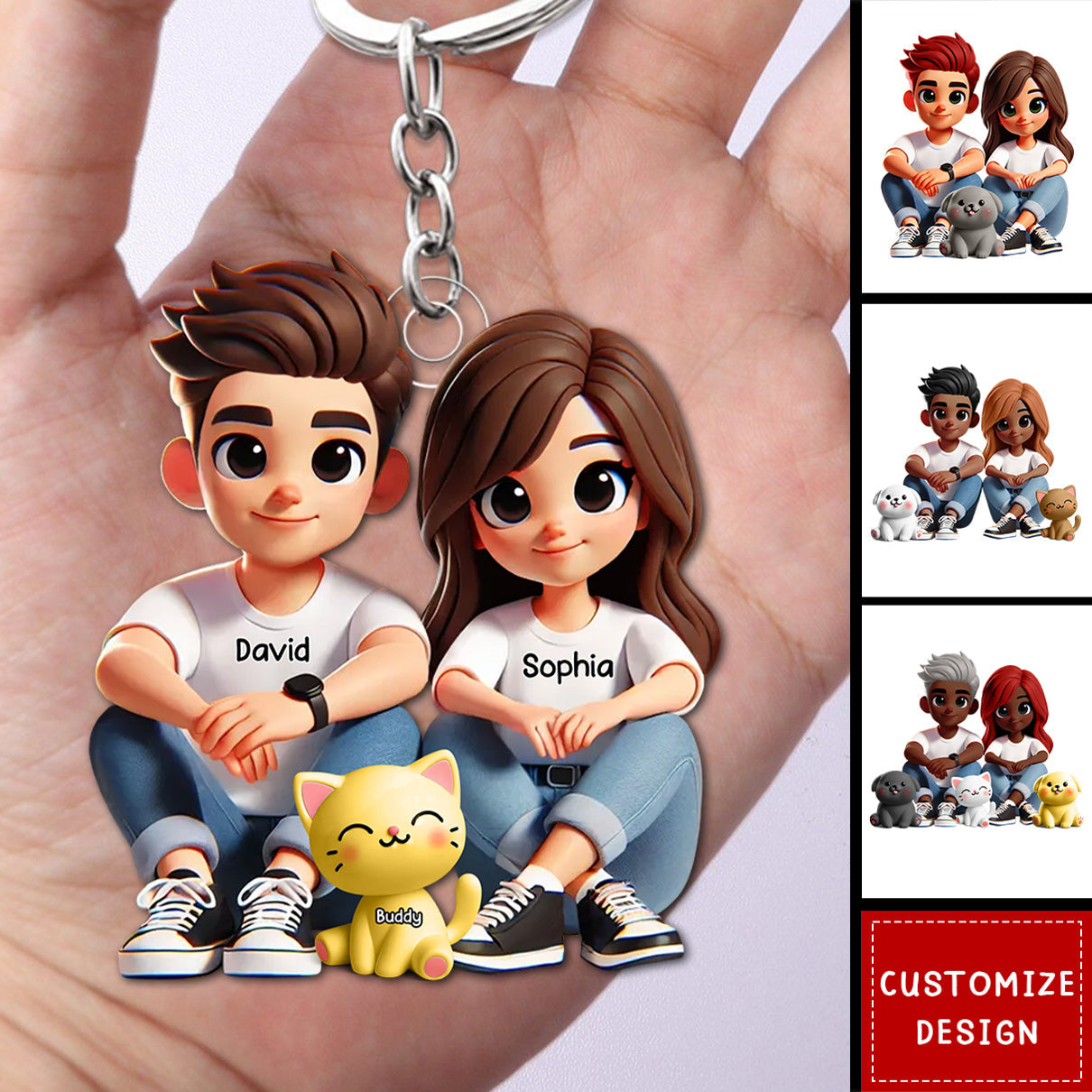 Personalized Acrylic Keychain – Cute Couple Cartoon Keychain with Names and Pet, Perfect Gift for Couples, Custom Love Keepsake for Family and Relationship Celebrations