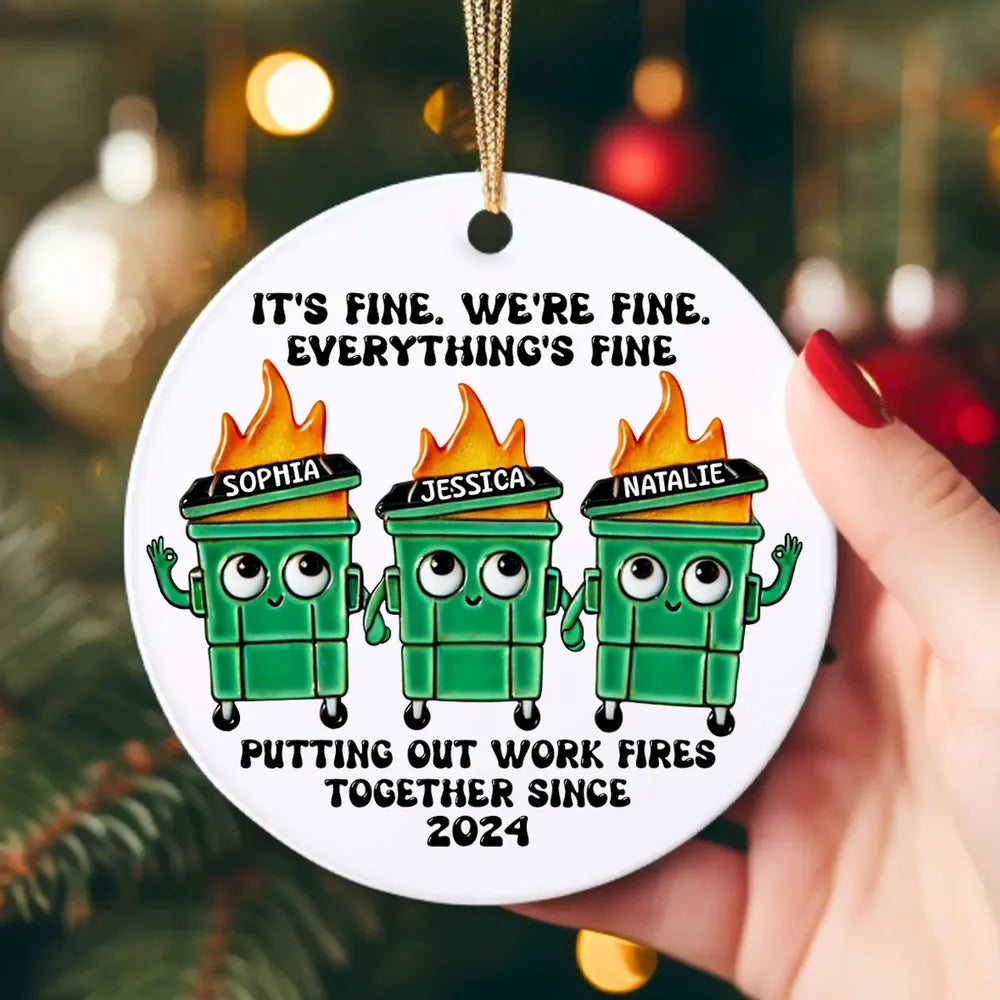 Personalized Ceramic Ornament with Funny Dumpster Fire Characters, Unique Coworker Gift for Office Friends & Work Besties