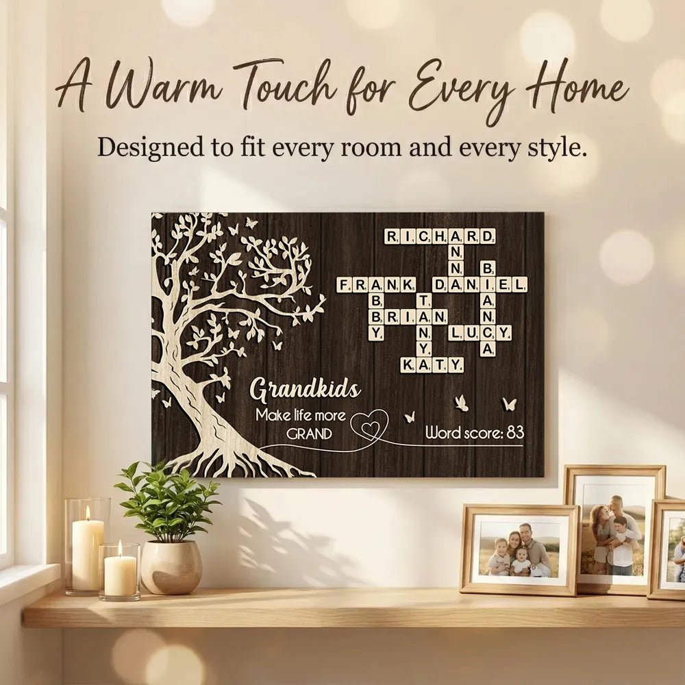 Personalized Grandkids Poster with Family Tree & Crossword Names – Custom Wall Art Gift for Grandma & Grandpa, Unique Home Decor Keepsake