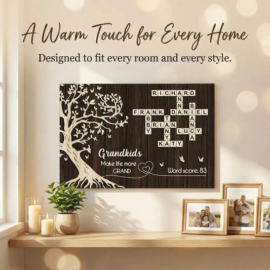Personalized Grandkids Poster with Family Tree & Crossword Names – Custom Wall Art Gift for Grandma & Grandpa, Unique Home Decor Keepsake