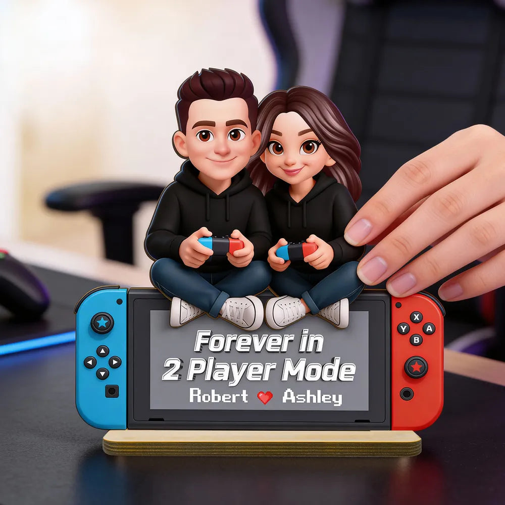 2-Layer Wooden Plaque Personalized Gaming Couple Sitting with Controllers - Forever in 2 Player Mode Romantic Gift for Gamers