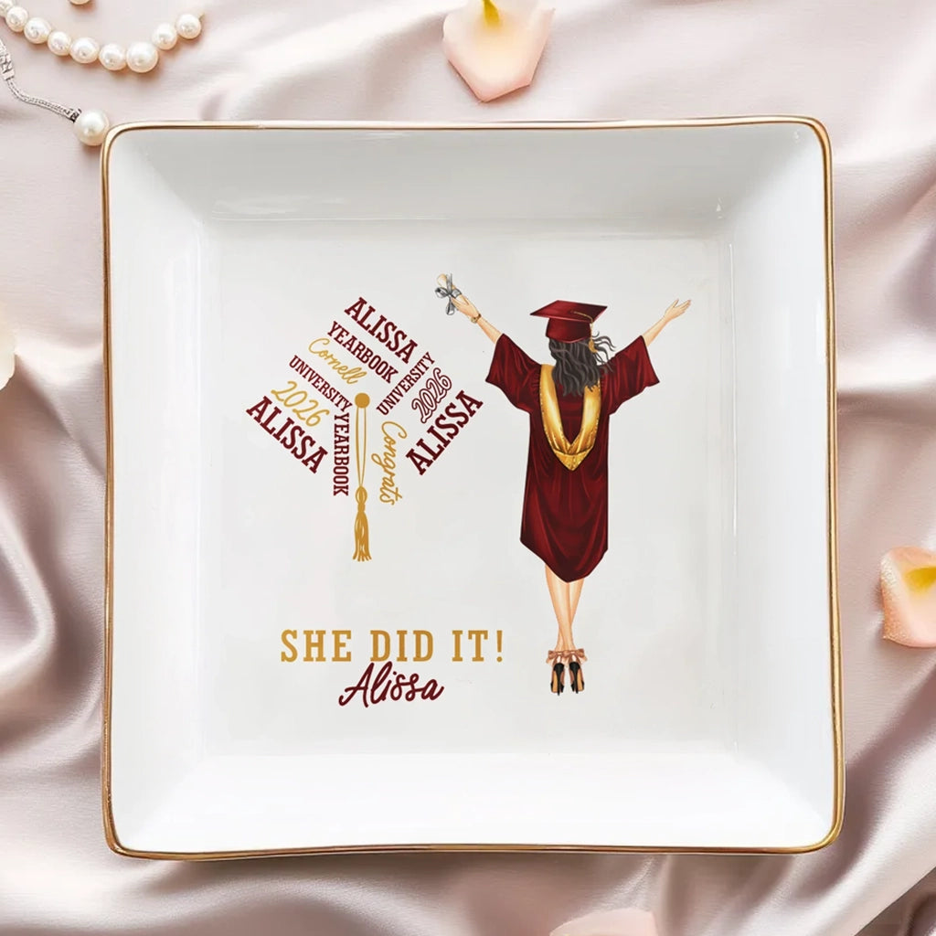 She Did It Jewelry Dish, Personalized Keepsake Tray for a Graduate, Everyday Ring Holder and Vanity Decor Gift
