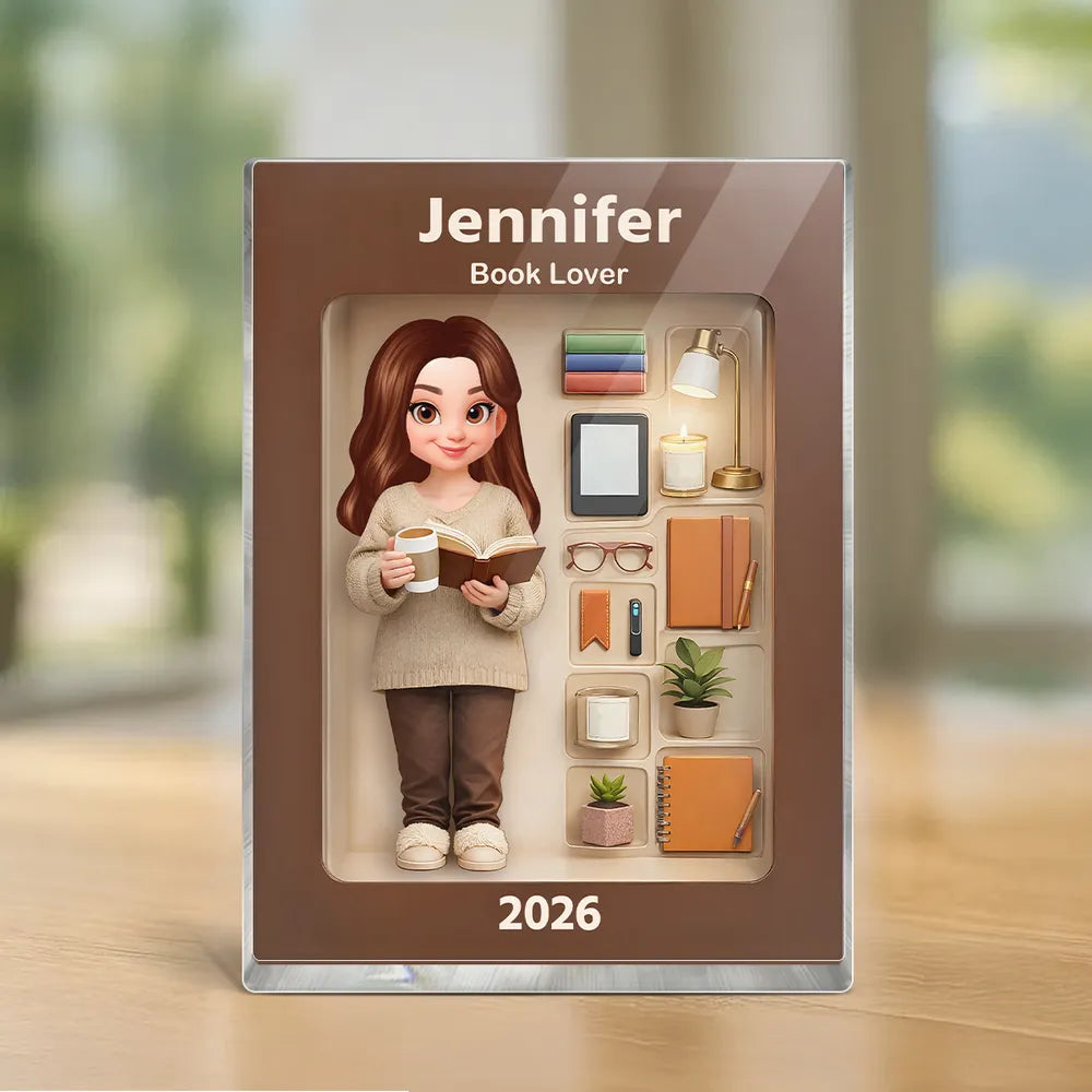 Personalized Rectangle Acrylic Block Plaque Book Lover Character Desk Decor, Cozy Reading Nook Style, Unique Gift for Readers