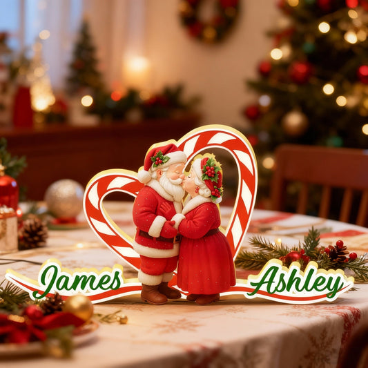 Personalized Acrylic Light Box - Santa Couple Kissing with Candy-Cane Heart, Warm Glow Holiday Decor, Unique Gift for Couples