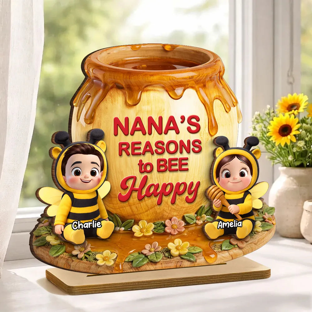 Personalized 2-Layer Wooden Plaque Nana's Reasons to Bee Happy Cute Grandkids Gift for Mom or Grandma Sweet Home Display