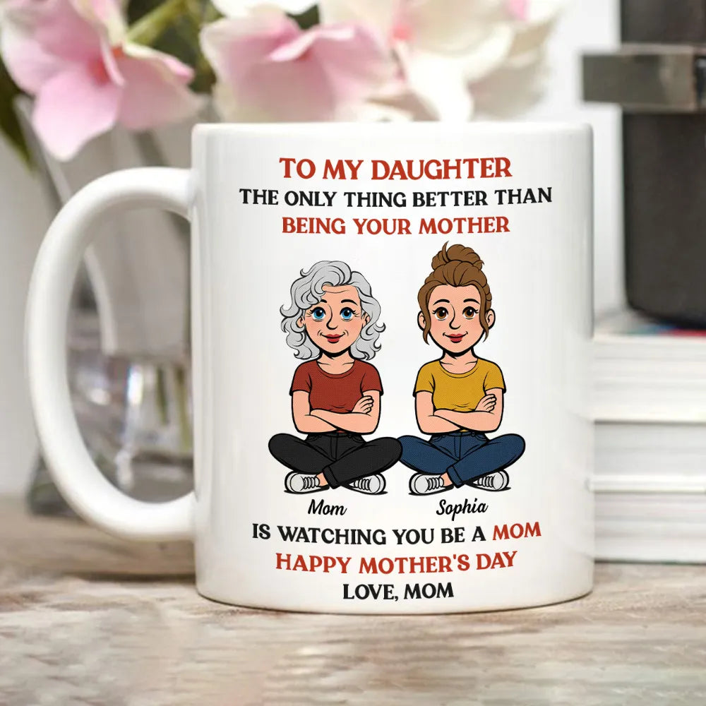 Personalized Mother-Daughter Cartoon White Ceramic Mug, Custom Names Look, Unique Mother's Day Gift for Mom