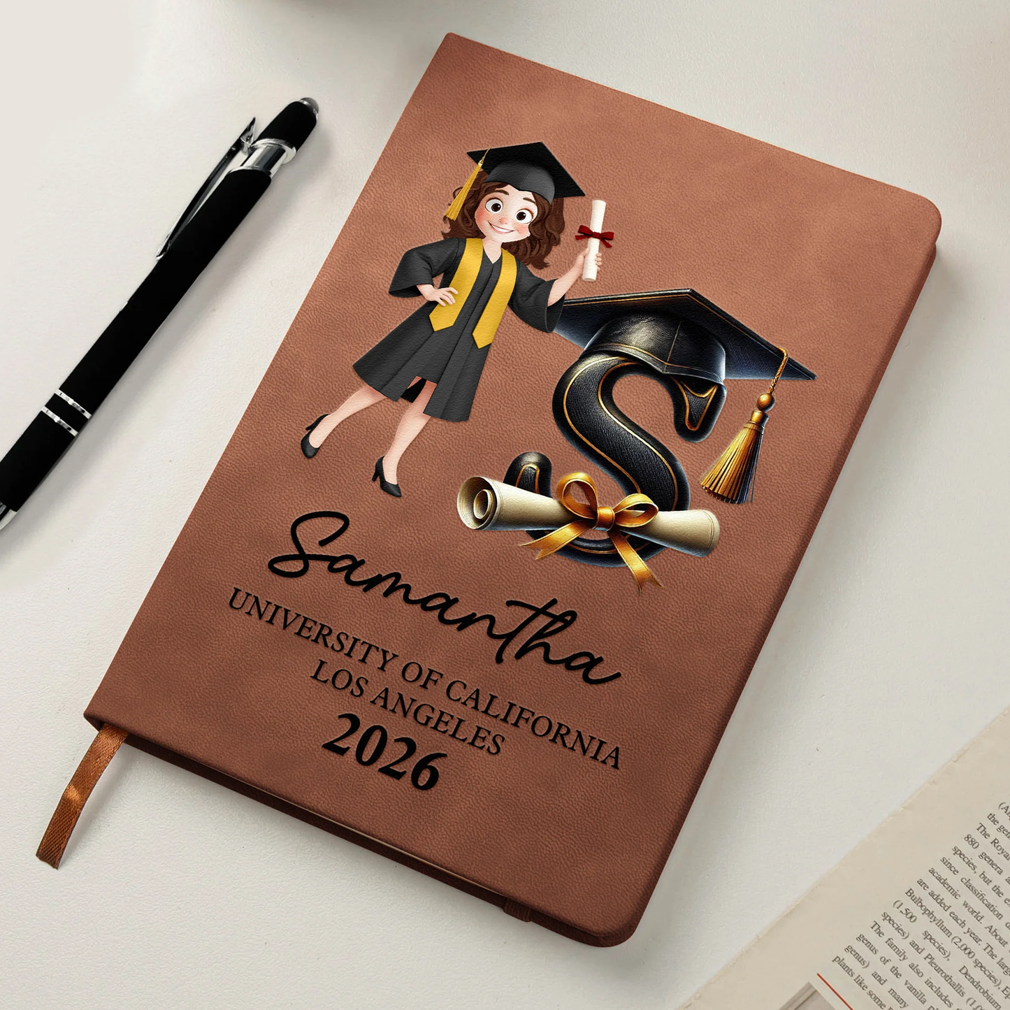 Personalized Graduation Cartoon Leather Journal With Initial, Cap & Diploma, Unique Gift For the Grad