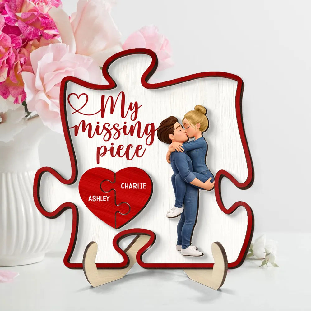 2-Layer Wooden Plaque My Missing Piece with Kissing Couple and Heart Puzzle - Personalized Sweet Gift for Couples