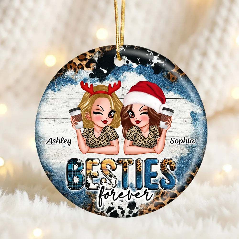 Ceramic Ornament for Best Friends, Custom Illustration Design, Friendship Keepsake, Perfect Gift for Christmas