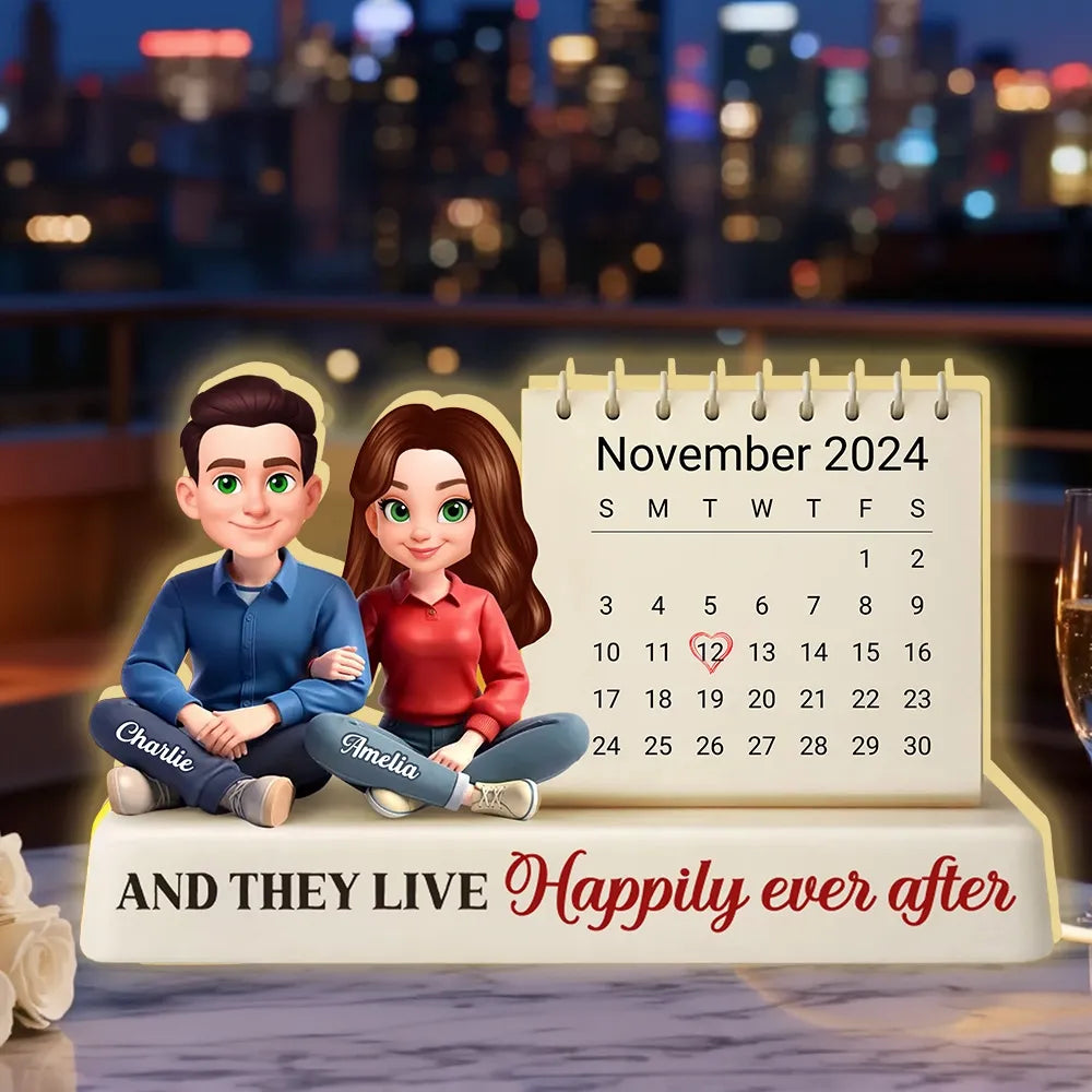 Personalized Acrylic Light Box Calendar With Cute Couple Illustration For Bedroom Decor, Warm Glow Unique Gift For Couples
