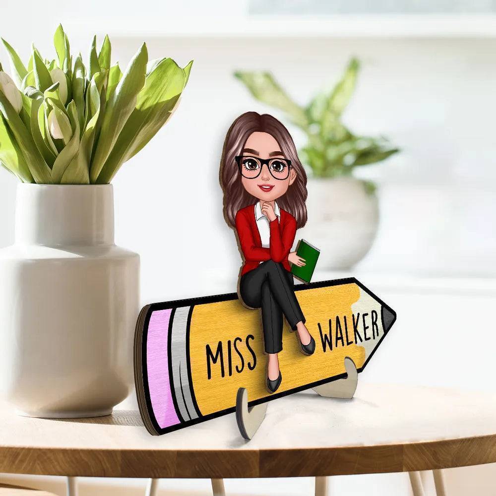 Doll Teacher Sitting On Pencil Personalized Wooden & Acrylic Plaque/Keychain - Back To School Gift For Teacher, Office Decor