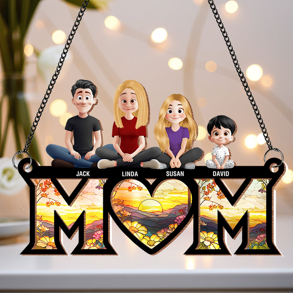 Personalized Wood and Acrylic Layered Ornament – Custom 'MOM' Hanging Ornament with Names of Children – Unique Gift for Mother’s Day, Birthdays, or Special Occasions