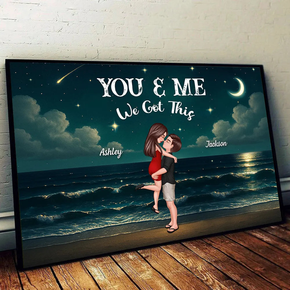 Personalized Night-Sky Canvas – “You & Me” Quote, Cartoon Hug on Waves, Anniversary Gift