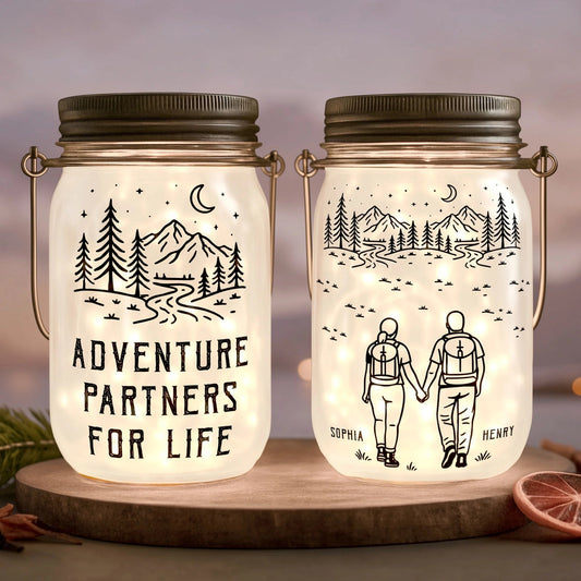 Personalized Solar Mason Jar Light with Adventure Partners For Life Hiking Couple Design - Unique Gift for Couples