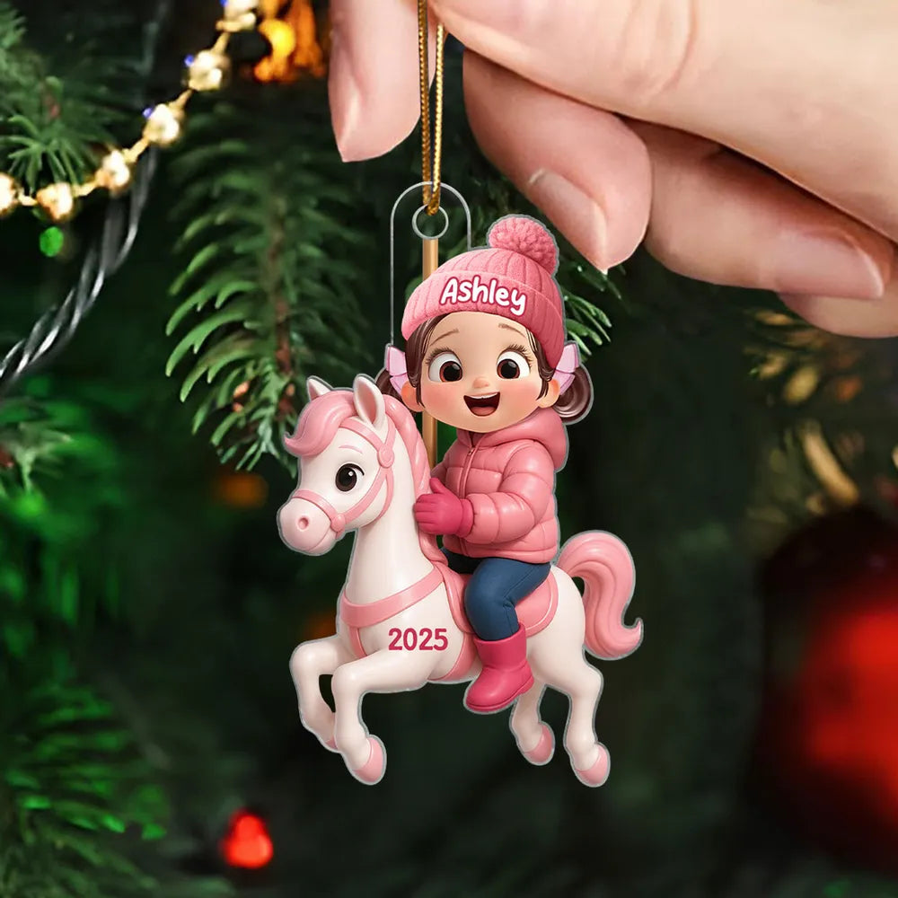 Girl Riding Horse Acrylic Ornament – Personalized Christmas Gift for Kids, Heartwarming Family House Keepsake