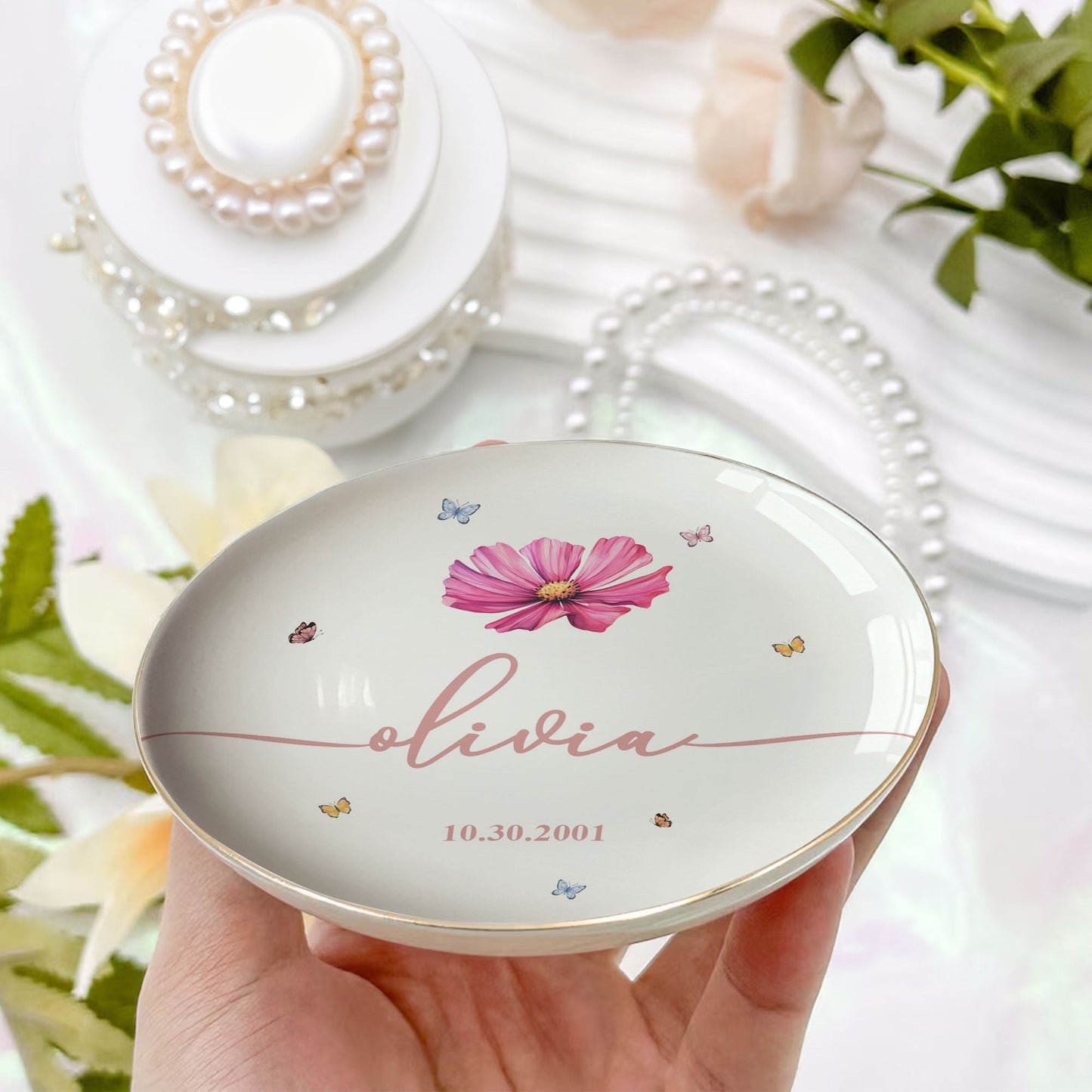 Custom Floral Jewelry Dish with Elegant Accents, Personalized Gift