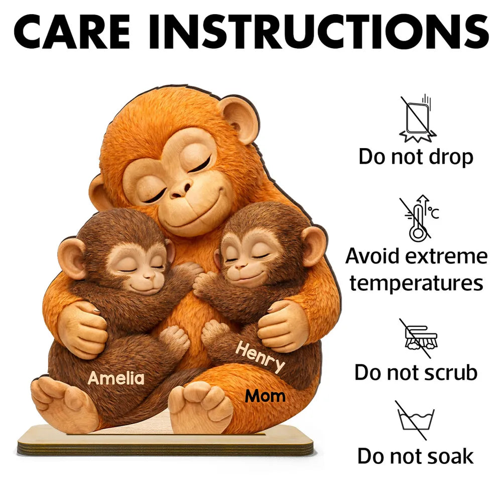 Personalized 2-Layer Wooden Plaque with Hugging Mom Monkey and Babies - Unique Mother's Day Gift for Mom