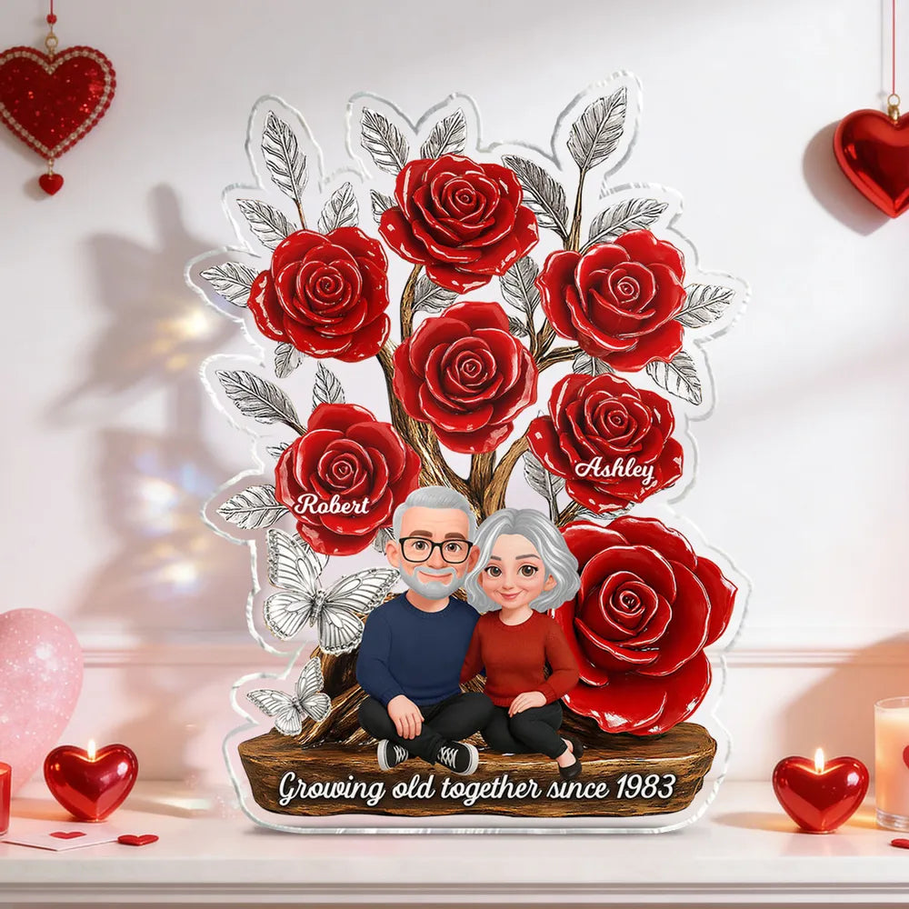 Personalized Shaped Acrylic Block Plaque with Red Rose Tree Couple Sitting Together, Unique Romantic Gift