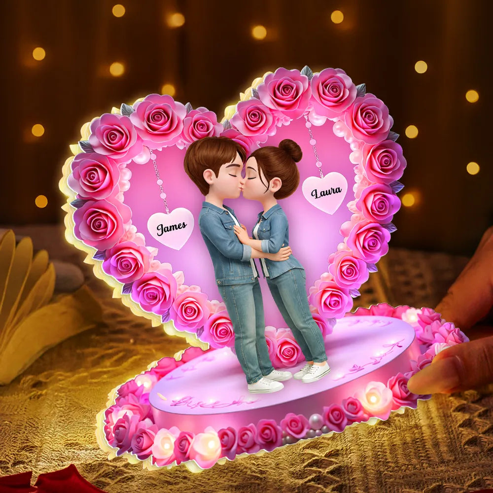 Personalized Acrylic Light Box Kissing Couple in Rose Heart Night Light for Bedroom Warm Glow Unique Gift for Her or Him