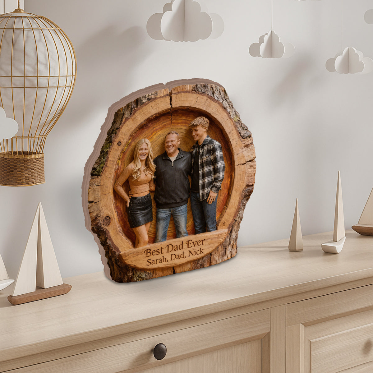 Custom Best Dad Ever Wood Log Figurine, Personalized Black Father and Son Carved Statue, Rustic Tabletop Decor Gift for Father's Day