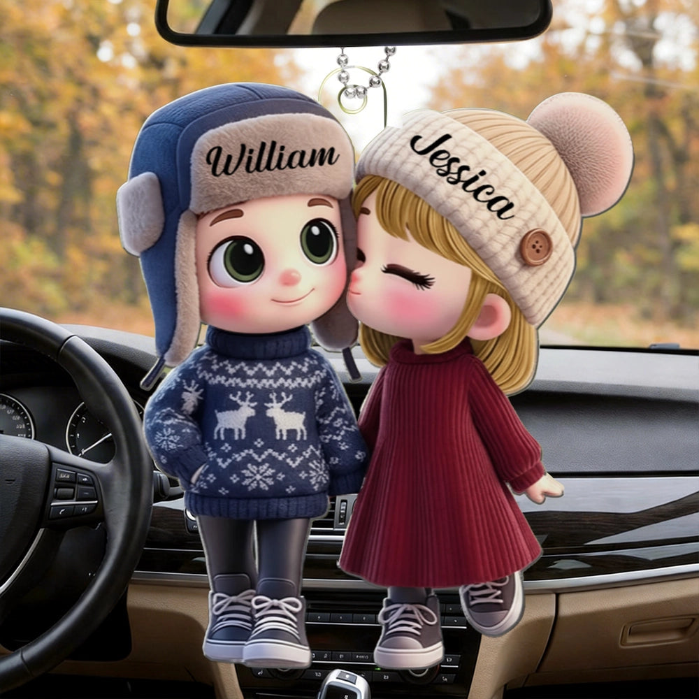 Personalized Acrylic Car Hanger Cute Cartoon Kissing Couple in Winter Hats, Unique Romantic Gift for Husband or Wife