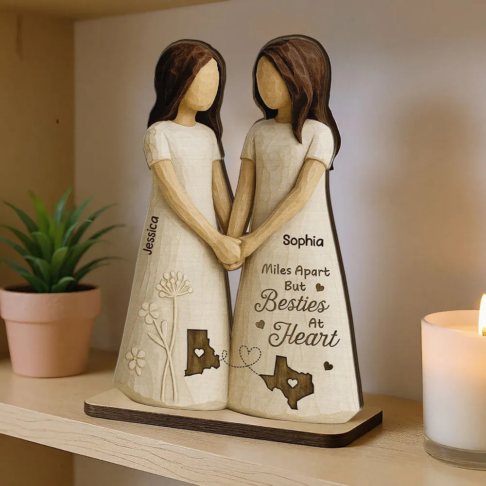 Personalized Wooden Plaque Besties At Heart Long-Distance Friends Holding Hands Rustic Shelf Decor Unique Gift