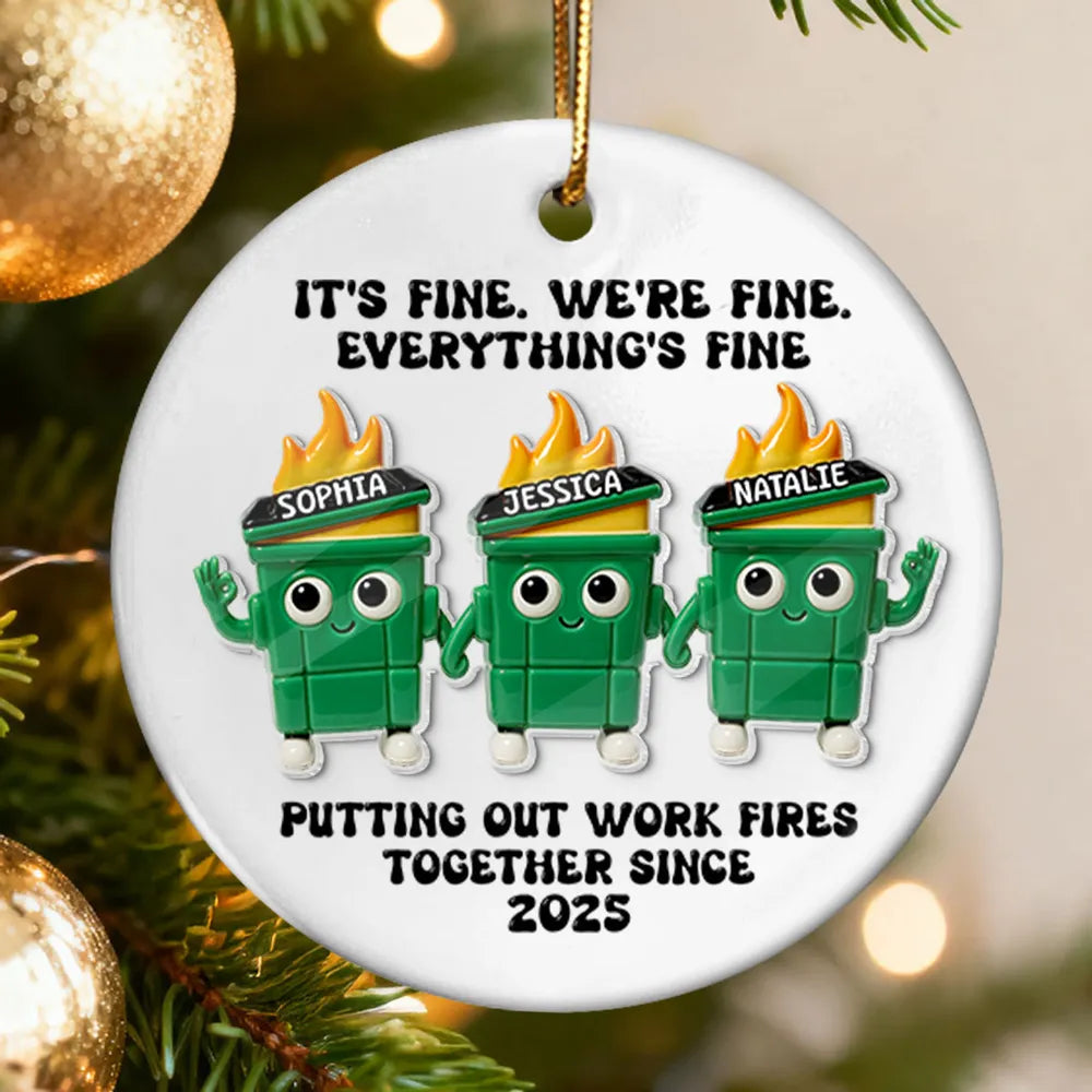 Ornament - Dumpster Fire Work Bestie, Customizable Ceramic with Acrylic Pieces, Office Decor, a unique gift for Coworkers