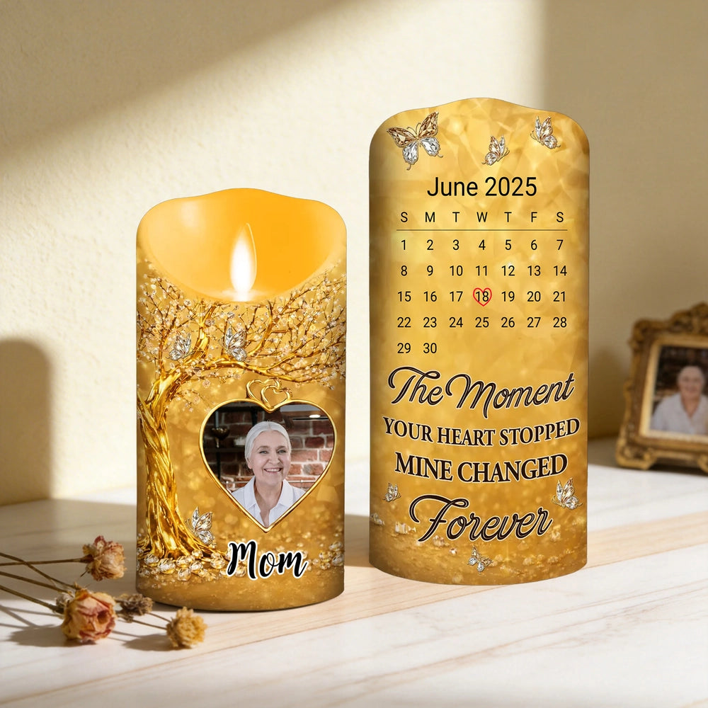 Personalized Flameless LED Candle with Photo Calendar Heart Date Warm Glow Memorial Keepsake Unique Gift for Mom