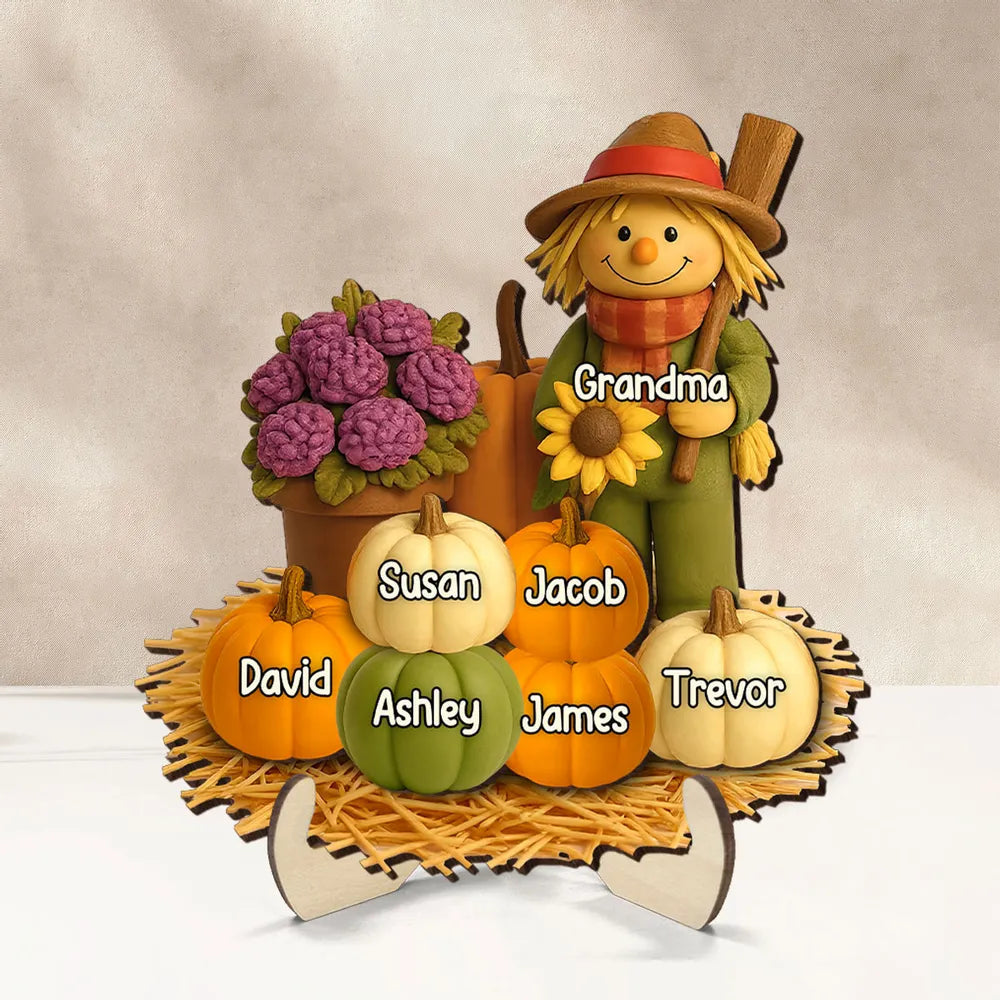 Autumn Harvest Wooden Plaque with Scarecrow and Pumpkins, Heartwarming Grandma Gift for Family Reunion Décor