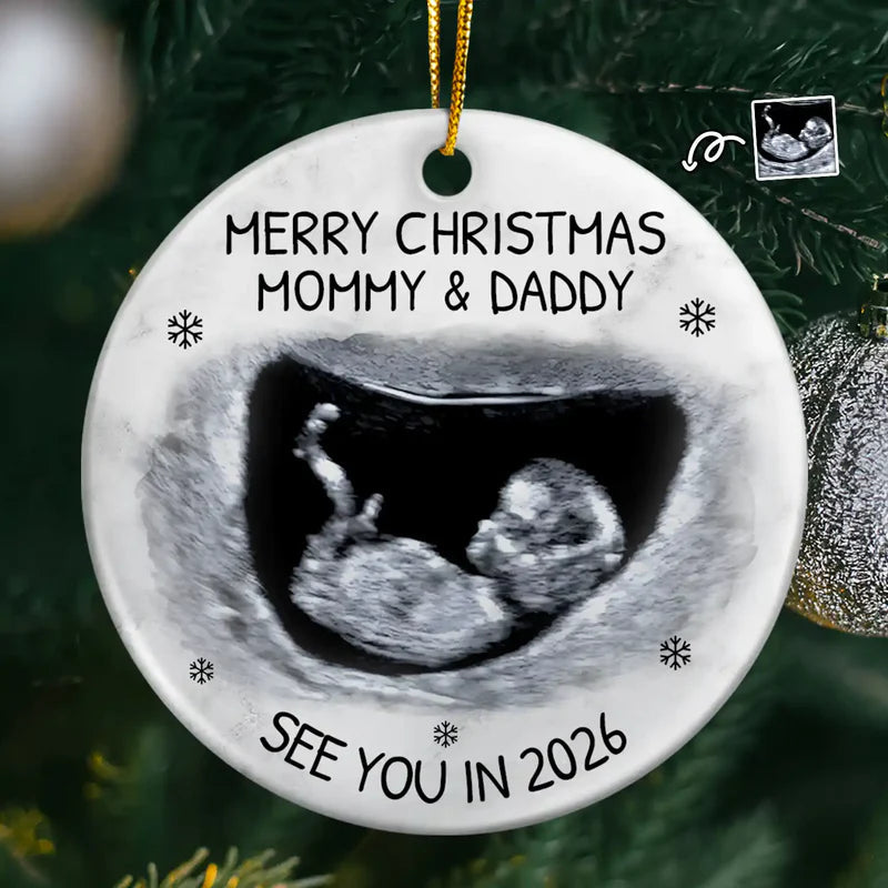 Christmas Ultrasound Ceramic Ornament for Mom and Dad, baby announcement keepsake for the tree, a heartfelt holiday gift.