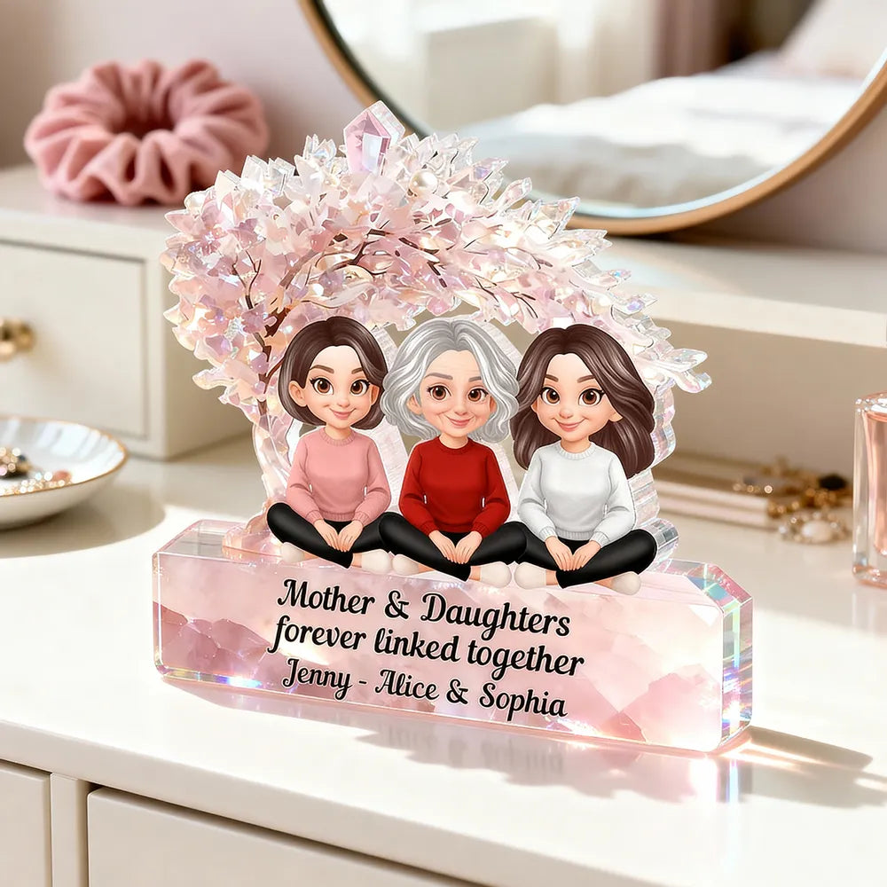 Personalized Shaped Acrylic Block Plaque, Mother & Daughters Under Pink Blossom Tree, Unique Gift for Mom