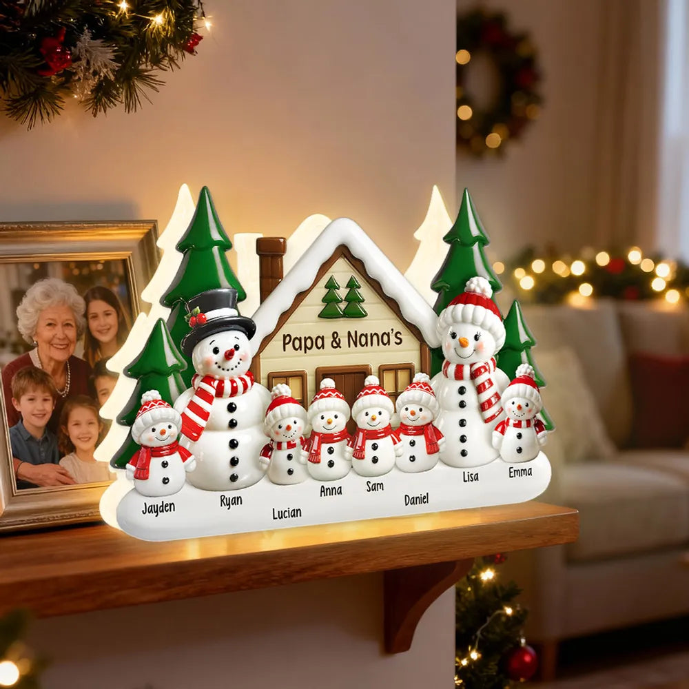 Acrylic Light Box Snowman Family Cabin, Warm Glow Christmas Decor, Custom Design, Unique Gift for Grandparents